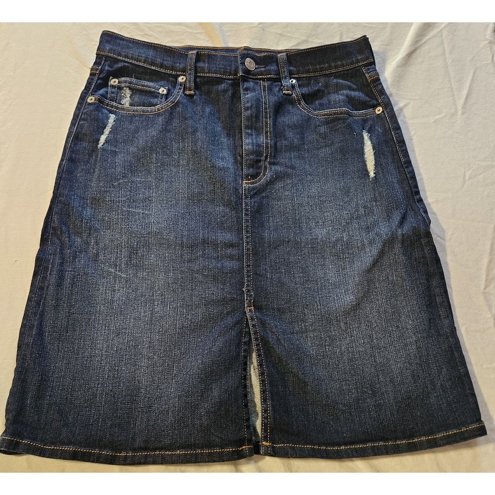 Gap 1969 Denim Skirt Women's Size 28 Dark Wash Distressed Knee Length Jean Skirt